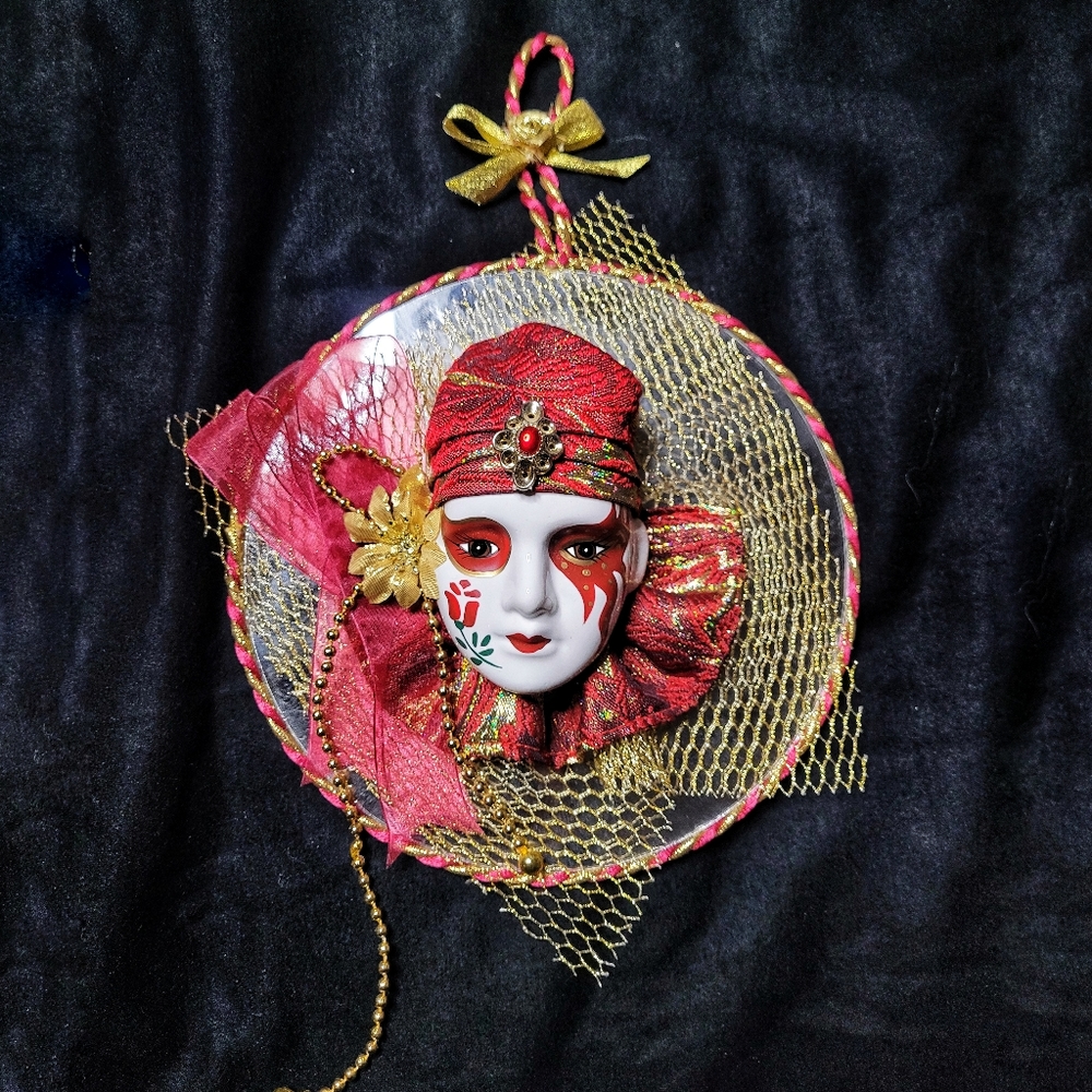 Beautiful Vintage Collectable Clown Mirror. Lovely red and gold porcelain vtg